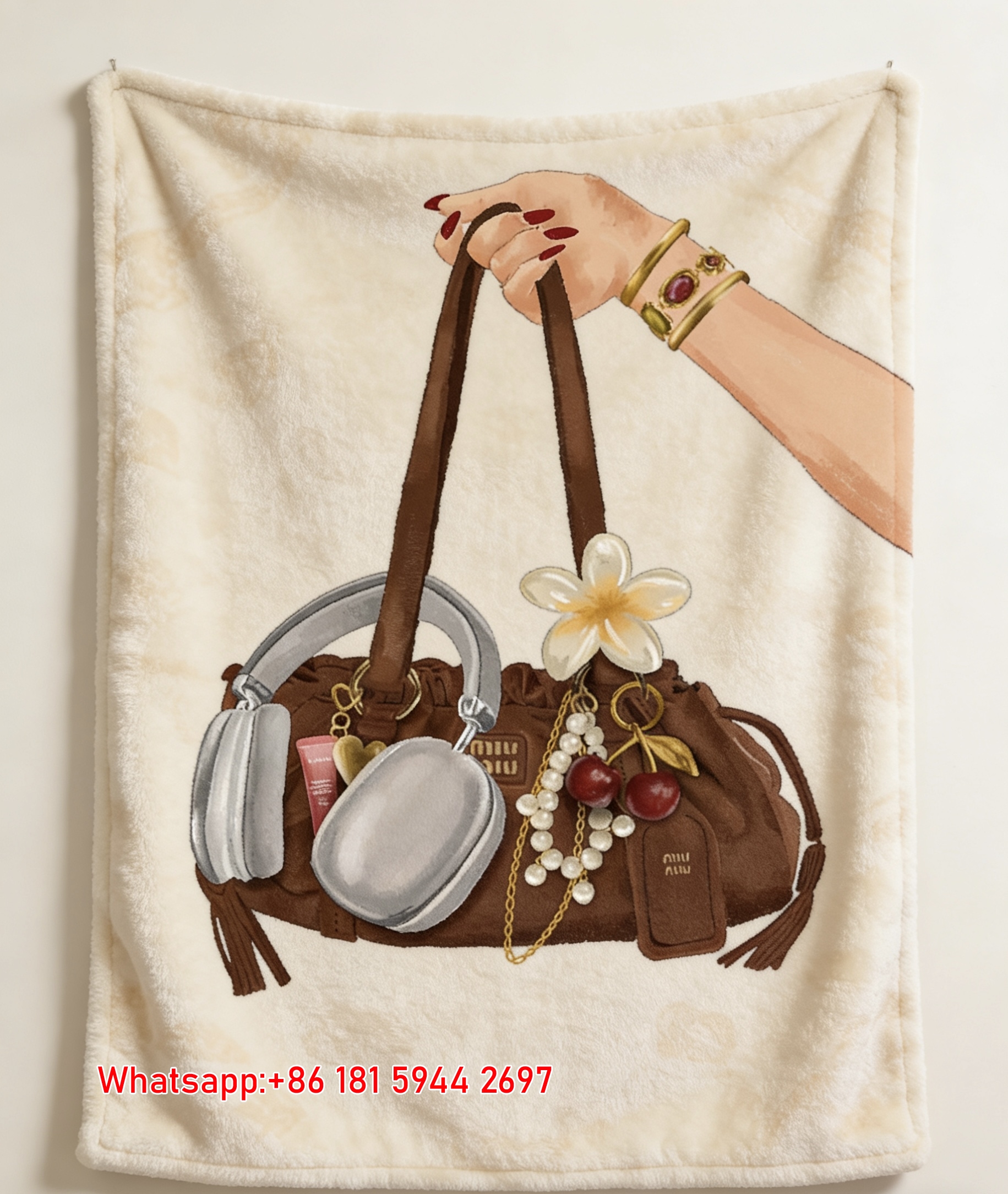 MiuMiu Brown Bag & Headphone Print Flannel Sofa Throw Blanket – Warm Beige & Gold IMG_0507